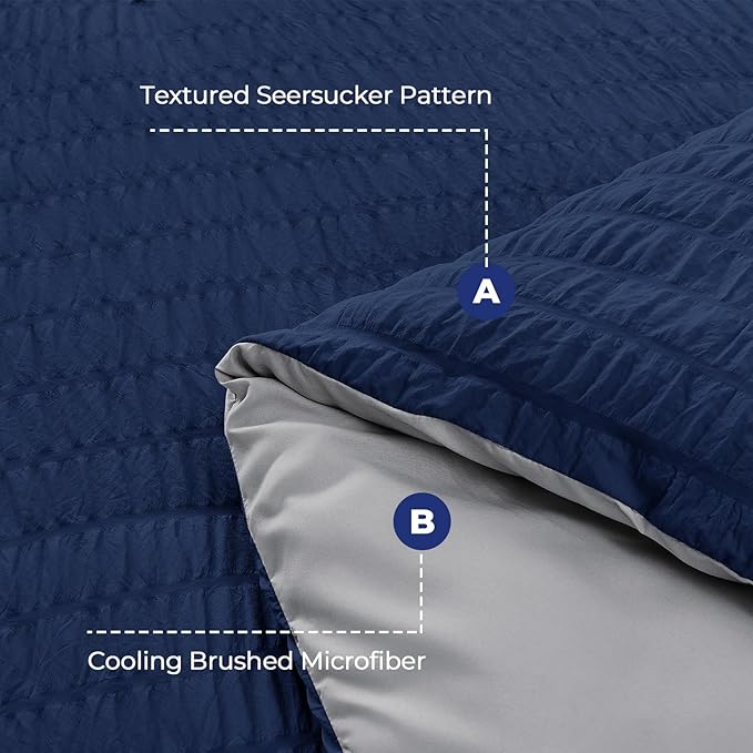 HYMOKEGE Navy Blue/Light Grey Duvet Cover Queen Size, Ultra Soft 3-Piece Seersucker Duvet Cover Set with Zipper Closure, Soft Brushed Microfiber Bedding Set with 8 Corner Ties (90"x90", 2 Pillowshams)