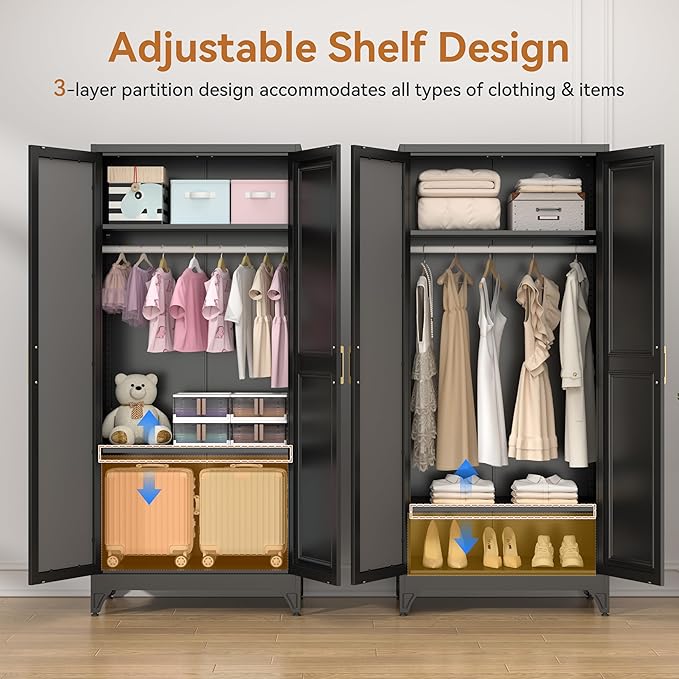 Polup Metal Armoire Wardrobe Closet with Mirror, 71" Tall Steel Clothing Storage Cabinet with 2 Doors, Hanging Rod and Adjustable Shelves, Freestanding Clothes Organizer for Bedroom, Office, Black