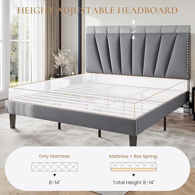 SHA CERLIN King Size Bed Frame with Adjustable Upholstered Velvet Rivets Headboard, Sturdy Wooden Slats, Strong Platform Support for Mattress, No Box Spring Needed, Easy Assembly, Grey