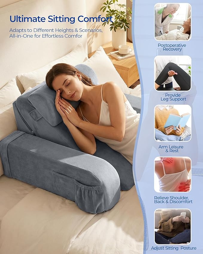Reading Pillow with 30-90° Stepless Adjustable Angle & Height, 2 in 1 Back Wedge Pillow for Bed Sitting up with Detachable Arms Rest, Backrest Pillow for Reading/Gaming/Working in Bed or Couch, Medium