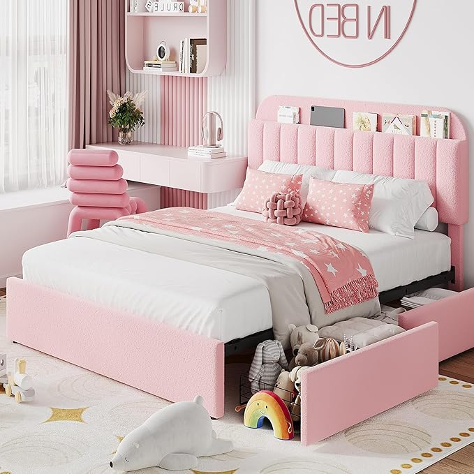 IDEALHOUSE Queen Bed Frame with 2 Flexible Drawers and Bookcase Headboard, Boucle Upholstered Platform Bed for Boys/Girls, Noise-Free, Easy Assembly, No Box Spring Needed, Pink