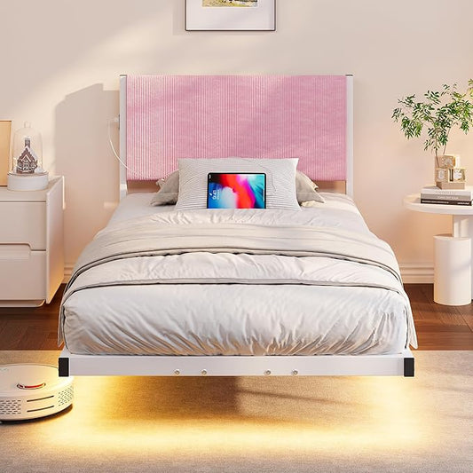 Twin Size Floating Bed Frame with LED Lights & USB Charging Station,Pink Twin Bed Frame with Headboard,Heavy Duty Metal Platform Bed for Girls,Strong Slats Support,No Box Spring Needed,Easy Assembly
