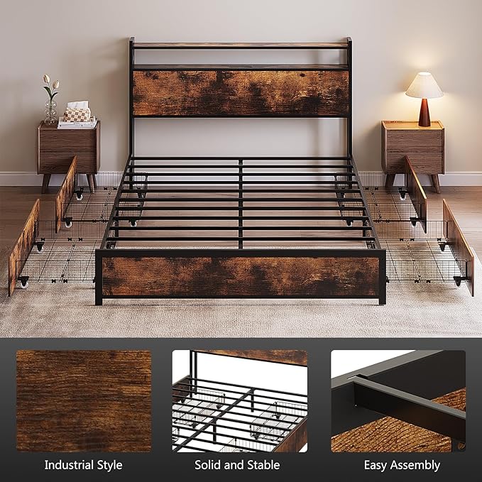 VINGLI Queen Bed Frame with 4 Storage Drawers and Headboard, Metal Platform Panel Bed with Charging Station and RGB LED Lights, No Box Spring Needed, Noise Free, Easy Assembly, Vintage Brown