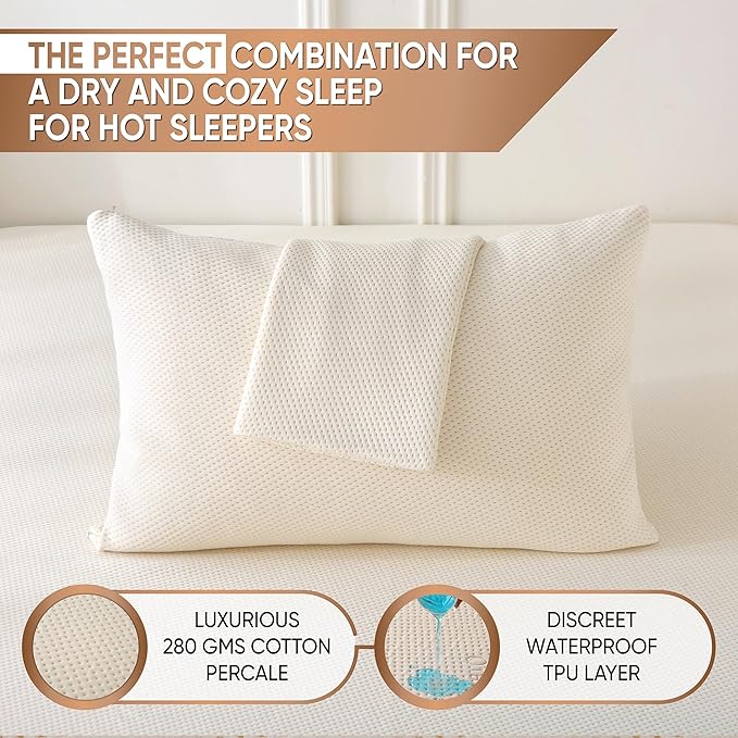 2-Pack Deluxe Cooling Organic Pillow Protectors Queen Size – Organic Cotton Percale, Waterproof & Breathable Zippered Encasements, Crisp & Breathable Feel, OCS Blended & Oeko-TEX Certified