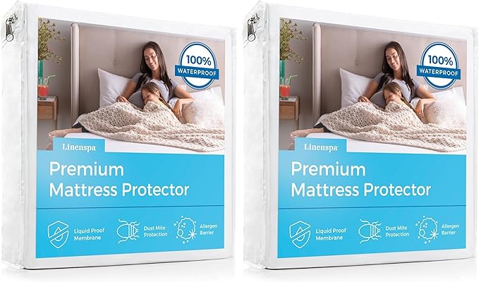Linenspa Waterproof Mattress Protector, Twin XL Size – Fitted Sheet Style, Breathable, Machine Washable & Dryer Safe, White (Pack of 2)