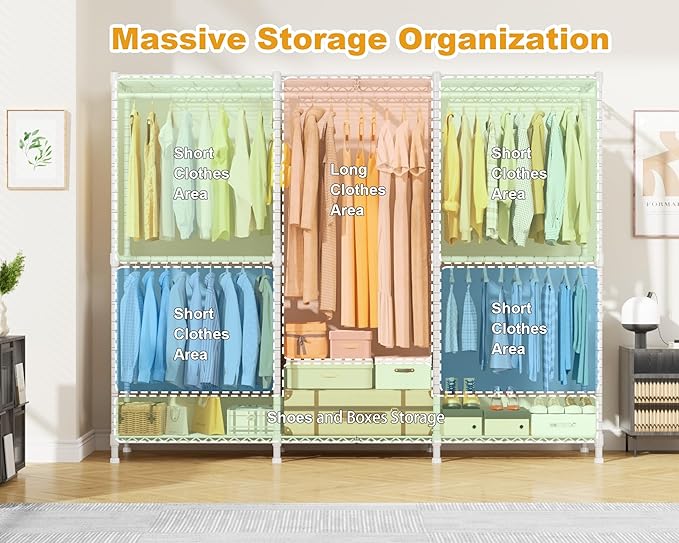 ULIFHOME E14C Pro Heavy Duty Closet Organizer System，Freestanding Clothing Racks for Hanging Clothes，Adjustable Garment Rack 70.1"W × 16.6"D × 76.4"H Hold 960 lbs，White Rack with Black Dustproof Cover
