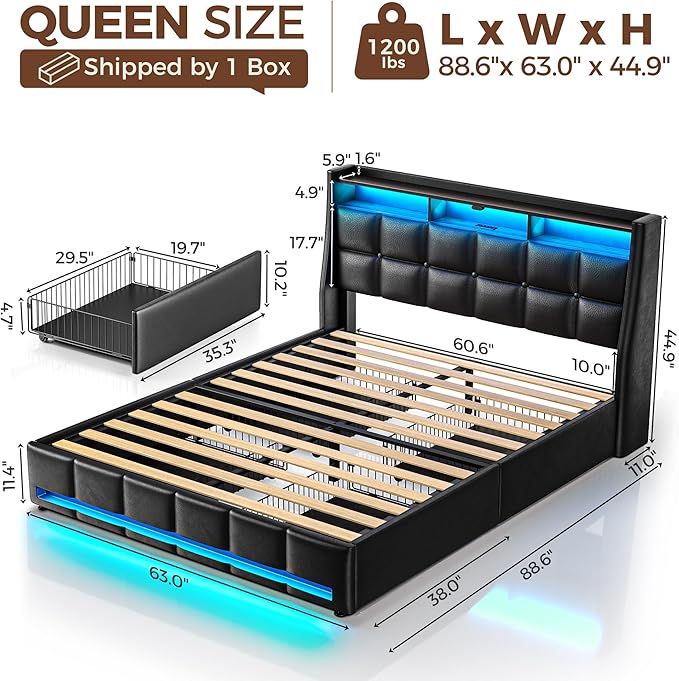 Rolanstar Queen Size Bed Frame with LED Lights and Charging Station, PU Leather Bed Storage Headboard & Drawers, Heavy Duty Wood Slats, Easy Assembly, Black