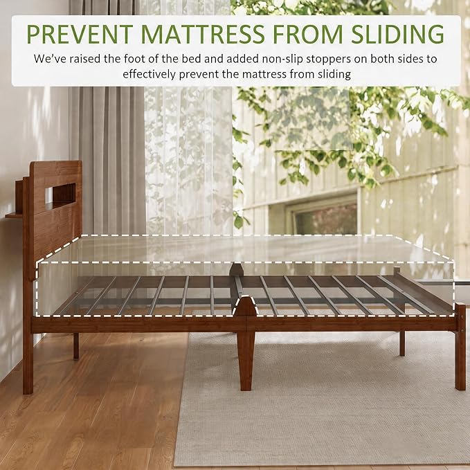 ZIYOO 14 Inch Twin Size Bed Frame, Walnut Bamboo Platform Bed with Solid Frame & Heavy-Duty Iron Slats, No Box Spring Needed, Noise-Free Design