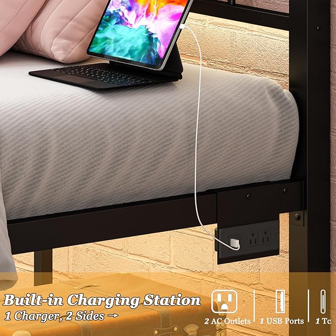 Jenmit Twin Bed Frames with Headboard, LED Bed Frame with Charging Station, Metal Platform, Under-Bed Storage, No Box Spring Needed, Noise Free, Easy Assembly, Black