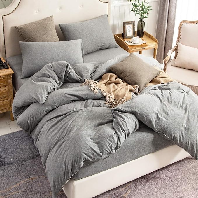 PURE ERA Jersey Knit Duvet Cover Set 100% T-Shirt Cotton Super Soft Comfy 3pc Bedding Set with Zipper Closure (Heather Dark Grey,Queen)