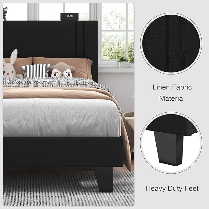 Feonase Twin Platform Bed Frame, Velvet Upholstered Twin Bed Frame, Solid Wood Slats & Heavy Duty Feet Support, No Box Spring Needed, Noise-Free, Easy Assembly, Black