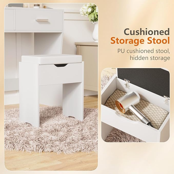 YESHOMY Vanity Desk with Mirror, Makeup Table with 11 Adjustable Lights and 2 Spacious Drawers, Soft-Padded Storage Stool, 3 Lighting Modes with Control, for Bedroom, Snow White