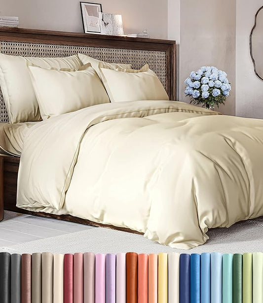 Duvet Cover Cal King Size Set - Extra Soft Cal King Duvet Cover 104" x 98" with 2 Pillow Shams - Hotel Luxury, Easy Care & Fade Free w/ Zipper Closures & Ties - Comfy, Cozy & Breathable (Off White)