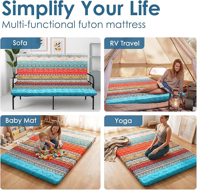 SCHNAUZER HOME Bohemian Japanese Floor Mattress, 3.5" Thicken Boho Floral Pattern Portable Futon Mattress, 100% High-Density Foam Tatami Mat Sleeping Pad for Camping Guest Room Dormitory RV, Twin