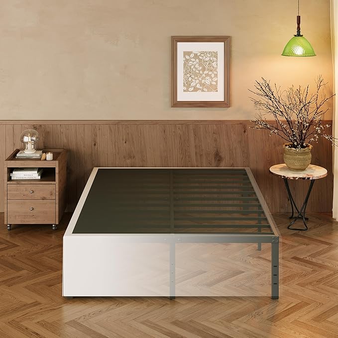 EMODA 18 Inch Full Size Bed Frame with White Skirt Cover, Heavy Duty Metal Platform No Box Spring Needed, Easy Assembly Noise Free