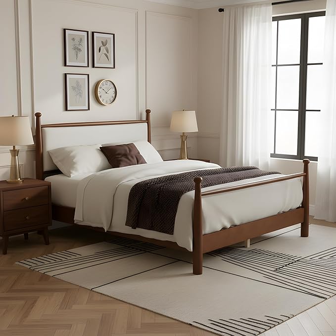 Merax Modern Queen Size Solid Wood Platform Bed with Upholstered Headboard, Mid-Century Low Bed Frame with Sturdy Wood Legs/No Box Spring Needed/Easy Assembly, Beige+Walnut