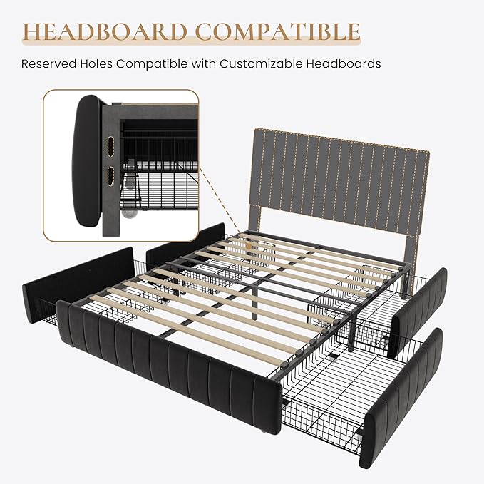 SHA CERLIN Full Size Velvet Upholstered Platform Bed Frame with 4 Storage Drawers, Vertical Channel Tufted, Low Profile, Fits Standard Headboards, Wooden Slats Support, Easy Assembly, Black