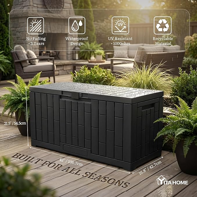 YITAHOME 60 Gallon Outdoor Storage Box, Large Water Resistant Resin Deck Box with Slide-Locking, Indoor Outdoor Bamboo-Textured Storage Container for Patio, Garden, Cushions, Tools, Equipment (Black)