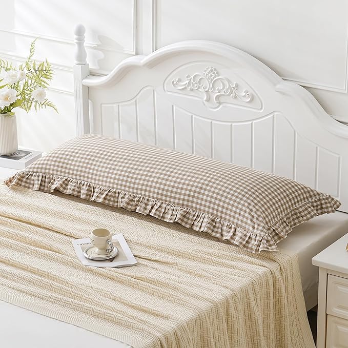 Taupe/White Plaid Ruffled Body Pillow Cover Washed Cotton Farmhouse Checkered Gingham 1 Piece Pillowcase for Living Room 20"x54" Brown