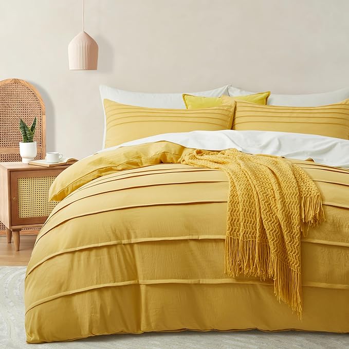 Oli Anderson Mist Yellow Duvet Cover King Size - Pleated King Duvet Cover, 3PCS Soft and Breathable Textured Bedding Set with Zipper Closure(Mist Yellow,104"x90")