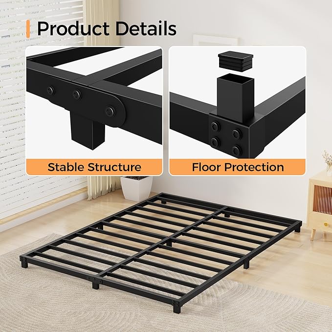 4 Inch Bed Frames Queen Size Low Profile Metal Platform Bed Frame Heavy Duty Steel Slat Support, No Box Spring Needed, Easy Assembly, Noise Free