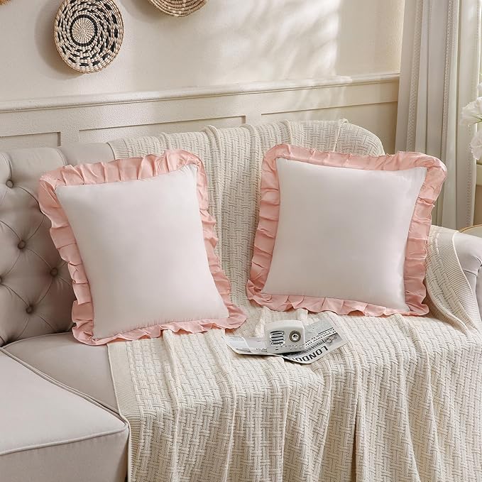 Merryword Beige and Pink Reversible Pillowcases 18x18 Throw Pillow Covers Pack of 2 Soft Microfiber Ruffle Decorative Pillowcase Cushion for Couch Sofa Bedroom
