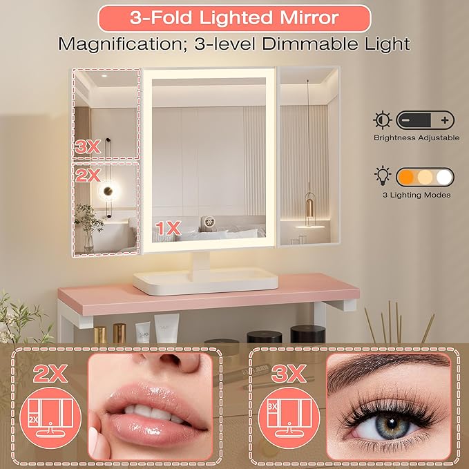HIGDBFE Vanity Desk with Mirror and Lights, 28.4''W Small Makeup Vanity Table with Height-Adjustable Stand, 2 Fabric Drawers Compact Makeup Desk, Gift for Girls, Bedroom Small Space, Pink