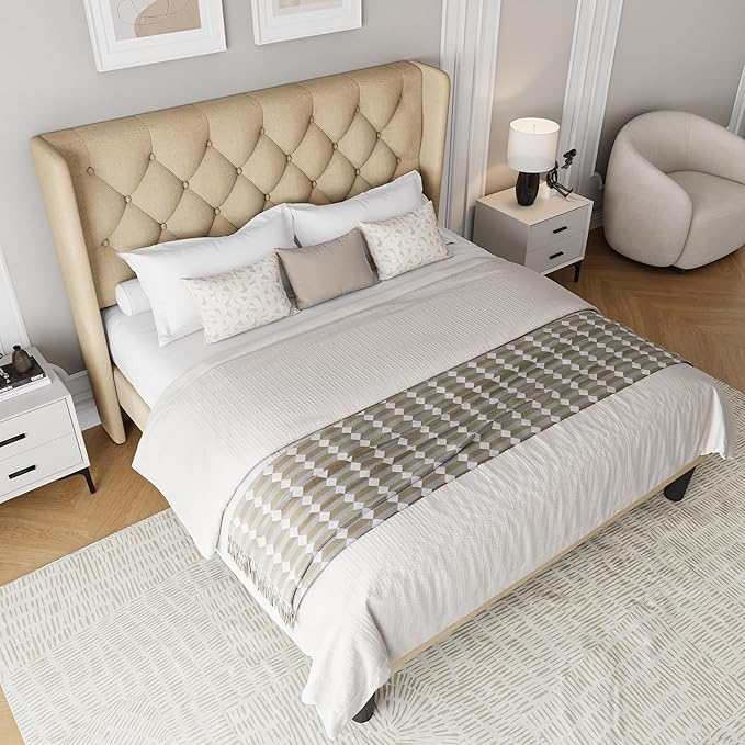 Einhomn Full Size Platform Bed Frame with Fabric Upholstered Wingback Headboard, 10" Under Bed Space, Wooden & Metal Slats Support, No Box Spring Needed, Beige