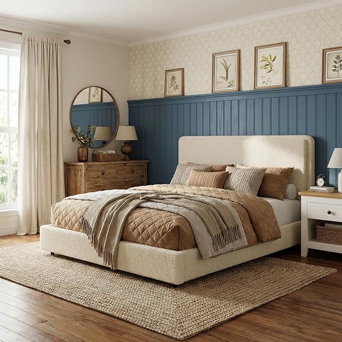 GarveeHome Bed Frame with 2 Storage Drawer, Teddy Fleece Thick Upholstered Platform Bed Frame with Adjustable Headboard, No Box Spring Needed, Cream Beige, King