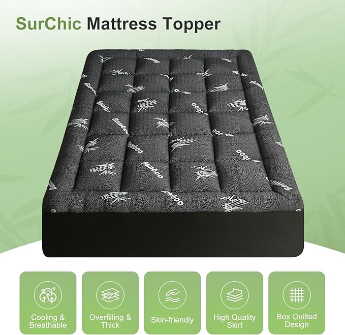 Full Size Mattress Topper Viscose Derived from Bamboo, Soft Thick Pillow Top Mattress Pad Cover for Back Pain, Cooling Mattress Protector with 8-21 Inch Deep Pocket, Dark Grey