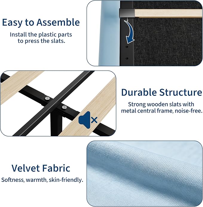 GarveeHome Full Bed Frame with Storage Headboard, Kids Bed Frame with 2 Drawers, Velvet Upholstered Platform Bed Frame with Lights, No Box Spring Needed, Easy Assembly, Velvet Blue