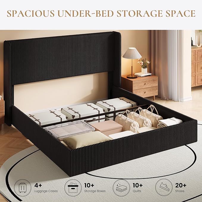 SHA CERLIN King Size Lift Up Storage Bed Frame, Modern Upholstered Wingback Headboard, Hydraulic Support & Underneath Storage, Soft Corduroy Fabric Platform Bed, No Box Spring Needed, Black