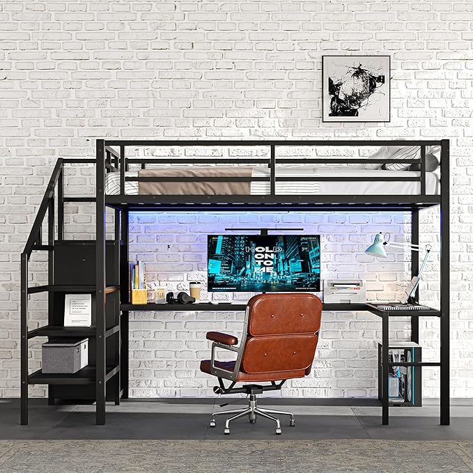 Full Size Loft Bed with L-Shaped Desk and USB, Metal Bed Frame with Wardrobe and Adjustable Shelf, High Loft Bed with LED and Guardrail for Teens Adults Bedroom, No Box Spring Needed, Black