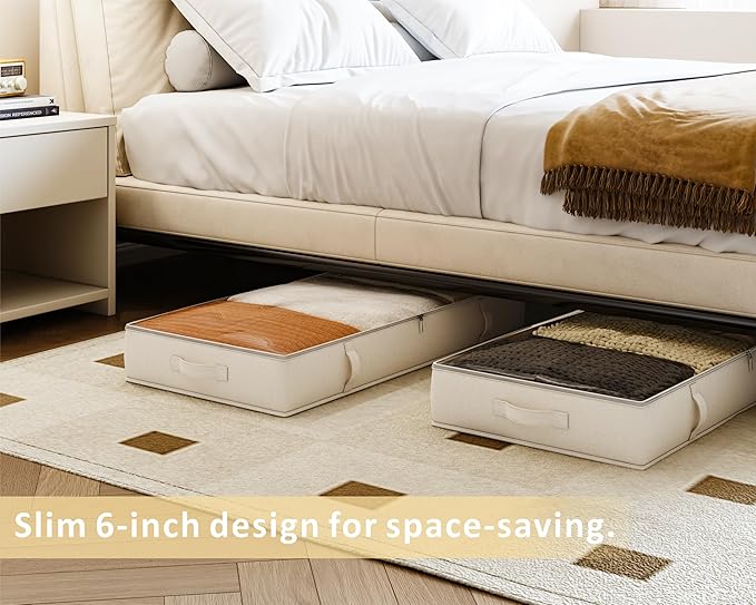 Vailando Storage Containers, 8 Inches Tall 80L Underbed Storage Bins with Sturdy Handles and Sidewalls, Closet Organizer for Clothes, Blankets, Seasonal Items, Beige, 2-Pack