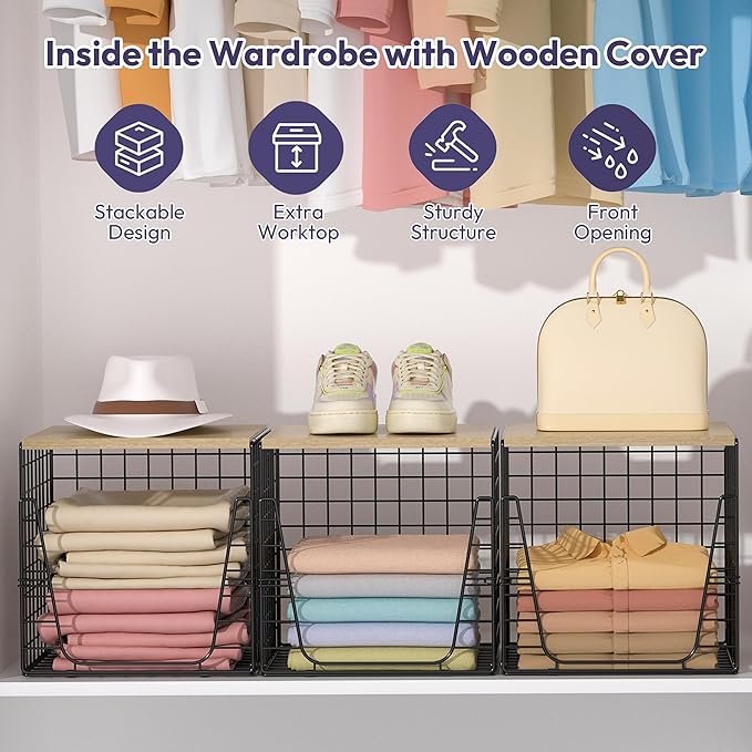 SWTYMIKI 3PCS Closet Organizers and Storage - Stackable Closet Basket with Wood Top Shelf, Clothes Storage Shelves, Clothes Drawer Bins for Wardrobe, Bedroom, Entryway, Black