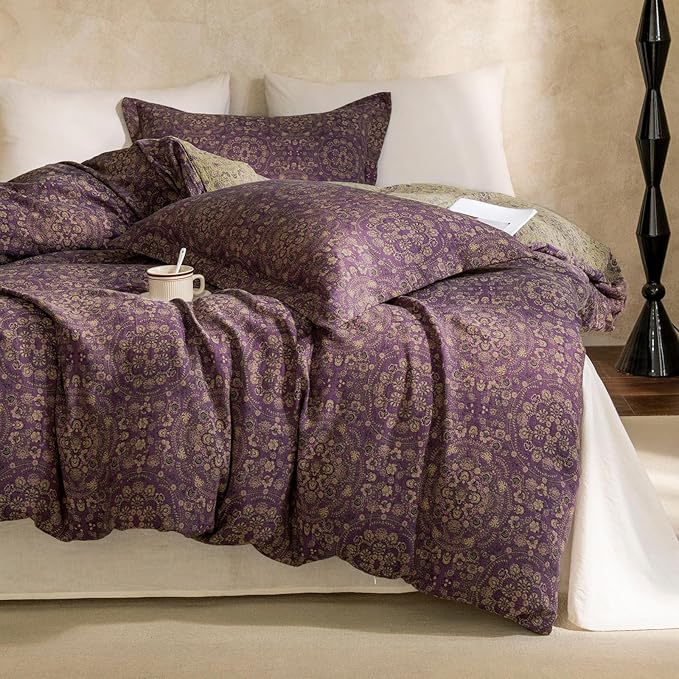 VM VOUGEMARKET Purple Green Duvet Cover Queen,3 Pieces Retro Boho Medallion Jacquard Flower Bedding Set,Linen Cotton Yarn-Dyed Textured Duvet Cover with Zipper Closure