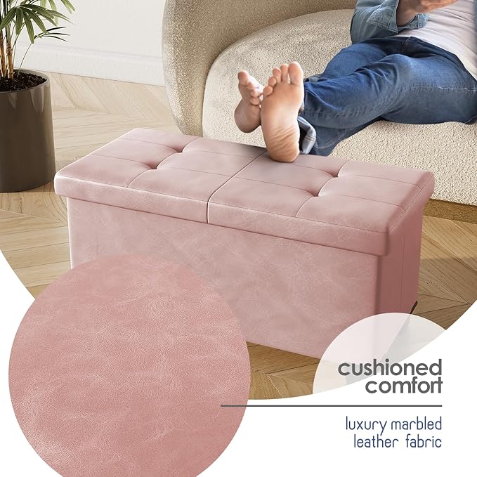 Storage Ottoman Bench with Bins, 30-in Storage Bench for Bedroom End of Bed, Folding Foot Rest Ottoman for Living Room Max 660lbs, Leather Ottomans, Pink