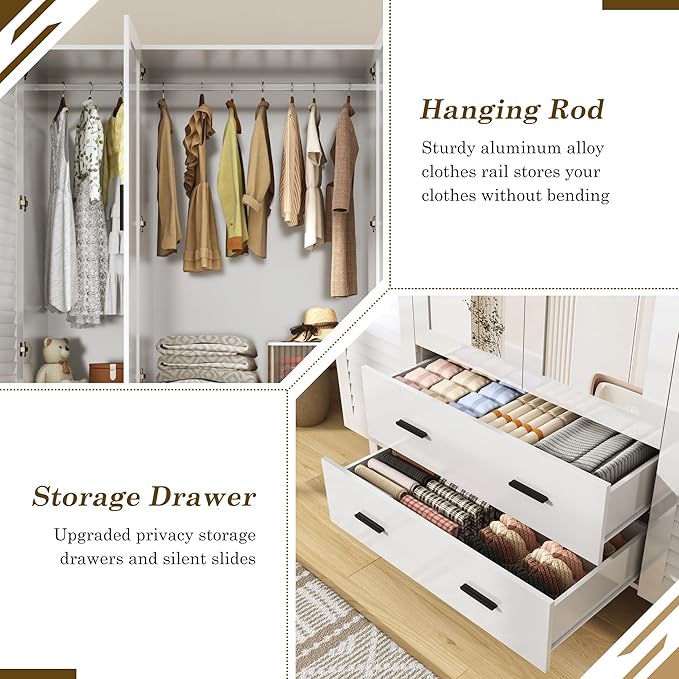 jiteentarou 4 Door Armoire Wardrobe Closet Cabinet with Drawers and LED Lights, Multi-Tier Shelves, Hanging Rod & 4 Louver Doors, Large Capacity Storage Wardrobe Armoire for Bedroom(4 Doors White) | 4 Door, Armoire, with Drawers, LED Lights, Multi-Tier...