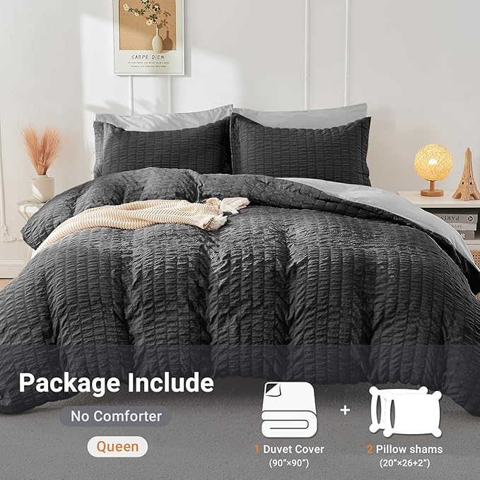 HYMOKEGE Dark Grey/Light Grey Duvet Cover Queen Size, Ultra Soft 3-Piece Seersucker Duvet Cover Set with Zipper Closure, Soft Brushed Microfiber Bedding Set with 8 Corner Ties (90"x90", 2 Pillowshams)