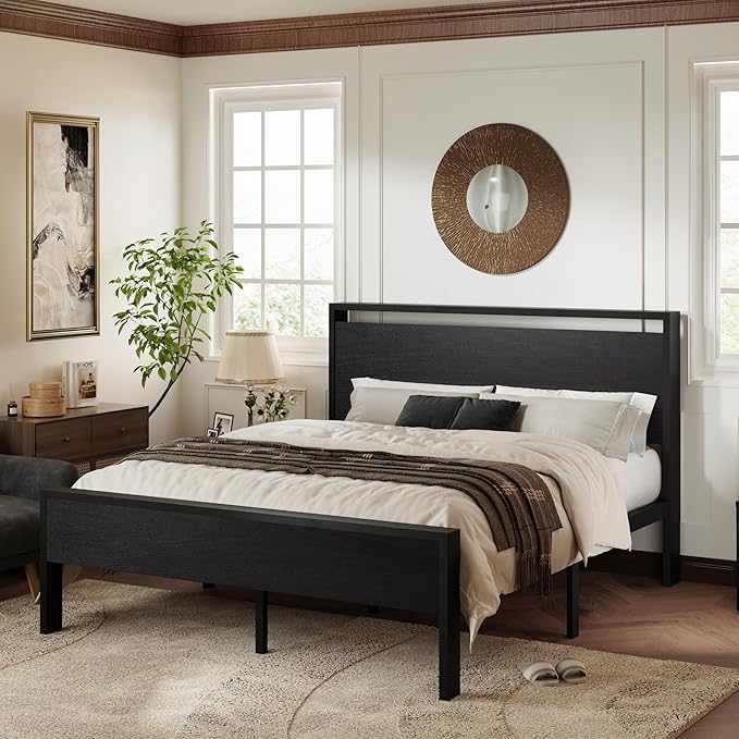 Allewie Full Size Platform Bed Frame with Wooden Headboard and Footboard, Heavy Duty 12 Metal Slats Support, No Box Spring Needed, Under-Bed Storage, Noise Free, Easy Assembly, Black Oak