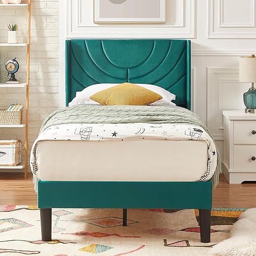 VECELO Upholstered Platform Twin Bed Frame with Fabric Headboard for Kids,Wooden Slats Support/No Box Spring Needed/Mattress Foundation,Dark Green