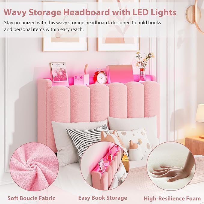 Garvee LED Twin Size Bed Frame with Storage Headboard, Kids Bed Frame with 2 Drawers, Boucle Upholstered Platform Bed for Girls, Chic Wavy Headboard with Bookcase, No Box Spring Needed, Pink