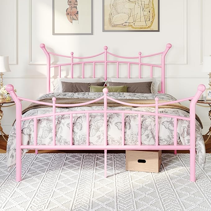 Allewie 14 Inches Full Size Metal Platform Bed Frame with Elegant Crown Iron-Art Headboard & Footboard, Sturdy Mattress Foundation with Under-Bed Storage, Easy Assembly, No Box Spring Needed, Pink