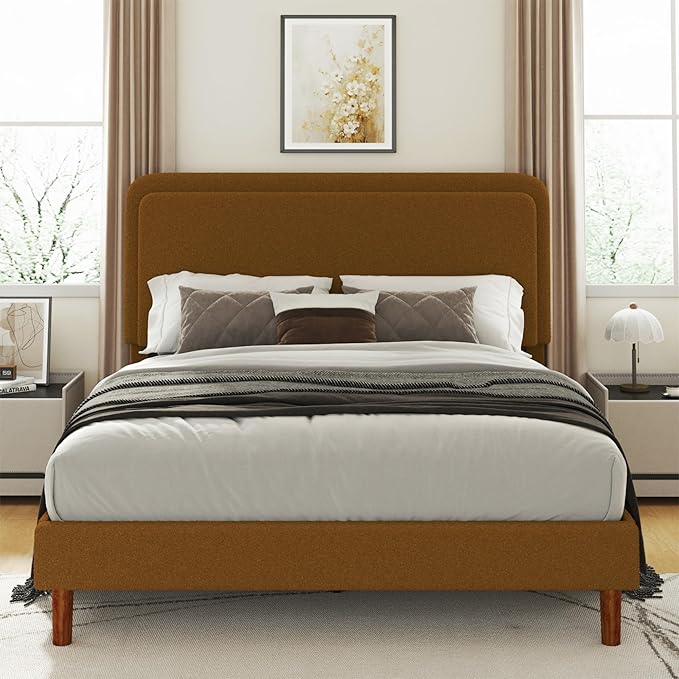 Queen Size Boucle Platform Bed Frame with Adjustable Headboard, Upholstered Cloud Bed, Solid Wooden Legs, Easy Assembly, No Box Spring Needed, Brown