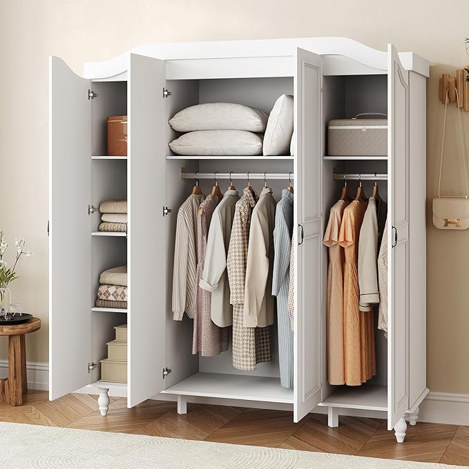 Arched Armoire Wardrobe Closet with 4 Doors, 71" H Wooden Large Capacity Wardrobe Cabinet with 2 Hanging Rods and 8 Shelves, Freestanding Armoire Storage Cabinet for Bedroom, Cloak Room, White