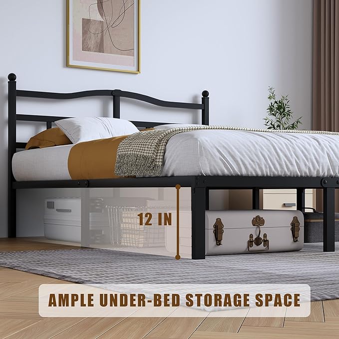 SHOANED 14 Inch Metal Bed Frame - Full Size Heavy Duty Bedframe with Headboard Black Basic Steel Slats Platform No Box Spring Needed/Easy Assembly/Noise Free