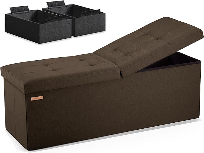 HAUSFRAU Storage Ottoman Bench with Flipping Lid, 43.3 Inches Storage Chest Footsrest, Folding Foot Stool for Entryway, Living Room, Bedroom, Linen Espresso Brown