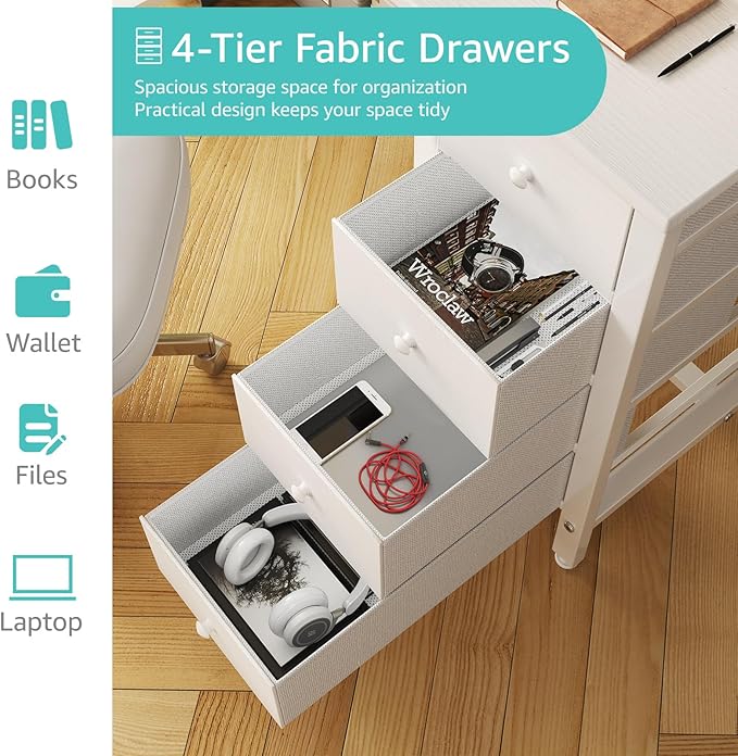Lufeiya White Computer Desk with Drawers, 47 Inch Reversible Study Work Writing Desk for Home Office Bedroom, Simple Modern Cute PC Desks with Fabric Drawer, White