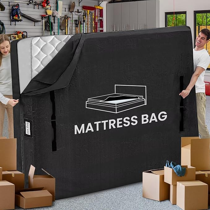 Mattress Bags for Moving and Storage, BETU Full Size Waterproof Mattress Protector Mattress Cover with 8 Heavy Duty Handles and Zipper Extra Thick Moving Supplies for Bed Reusable (77x57x13.5 Black)