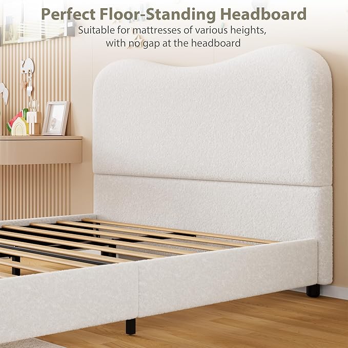 GarveeHome Boucle Queen Bed Frame with Upholstered Headboard, Soft Low Profile Sturdy Platform Bed with Rounded Corners Design, Heavy Duty, Wooden Slats, Noise Free, No Box Spring Needed, White
